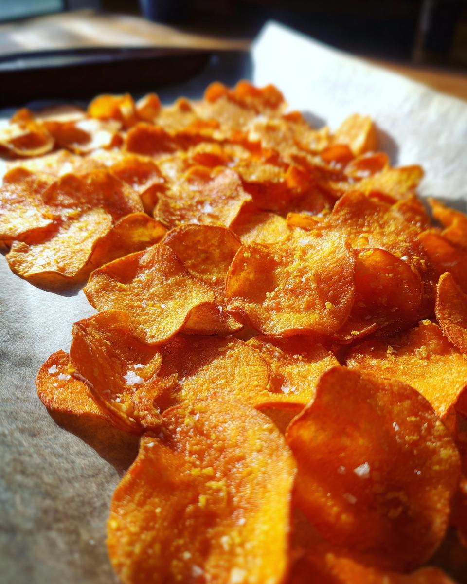 Close-up of freshly baked crunchy sweet potato chips, sprinkled with salt.