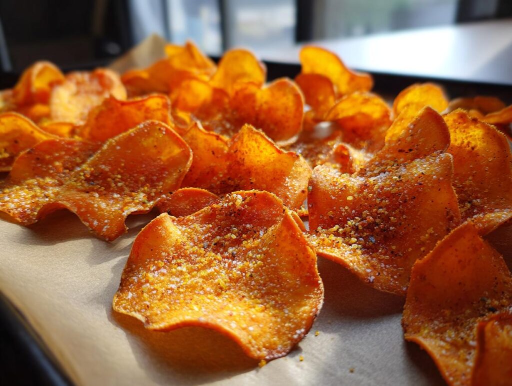 Close-up of freshly baked Crunchy Sweet Potato Chips, seasoned and ready to eat.