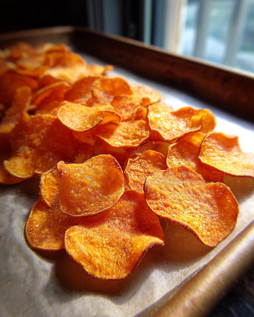 Close-up of freshly baked crunchy sweet potato chips on a baking tray, ready to eat.