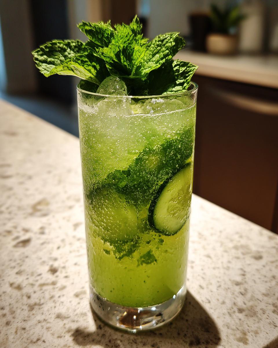 A tall glass of refreshing Cucumber Mint Cooler garnished with fresh mint and cucumber slices.
