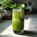 A tall glass of Cucumber Mint Cooler, garnished with mint leaves and cucumber slices.