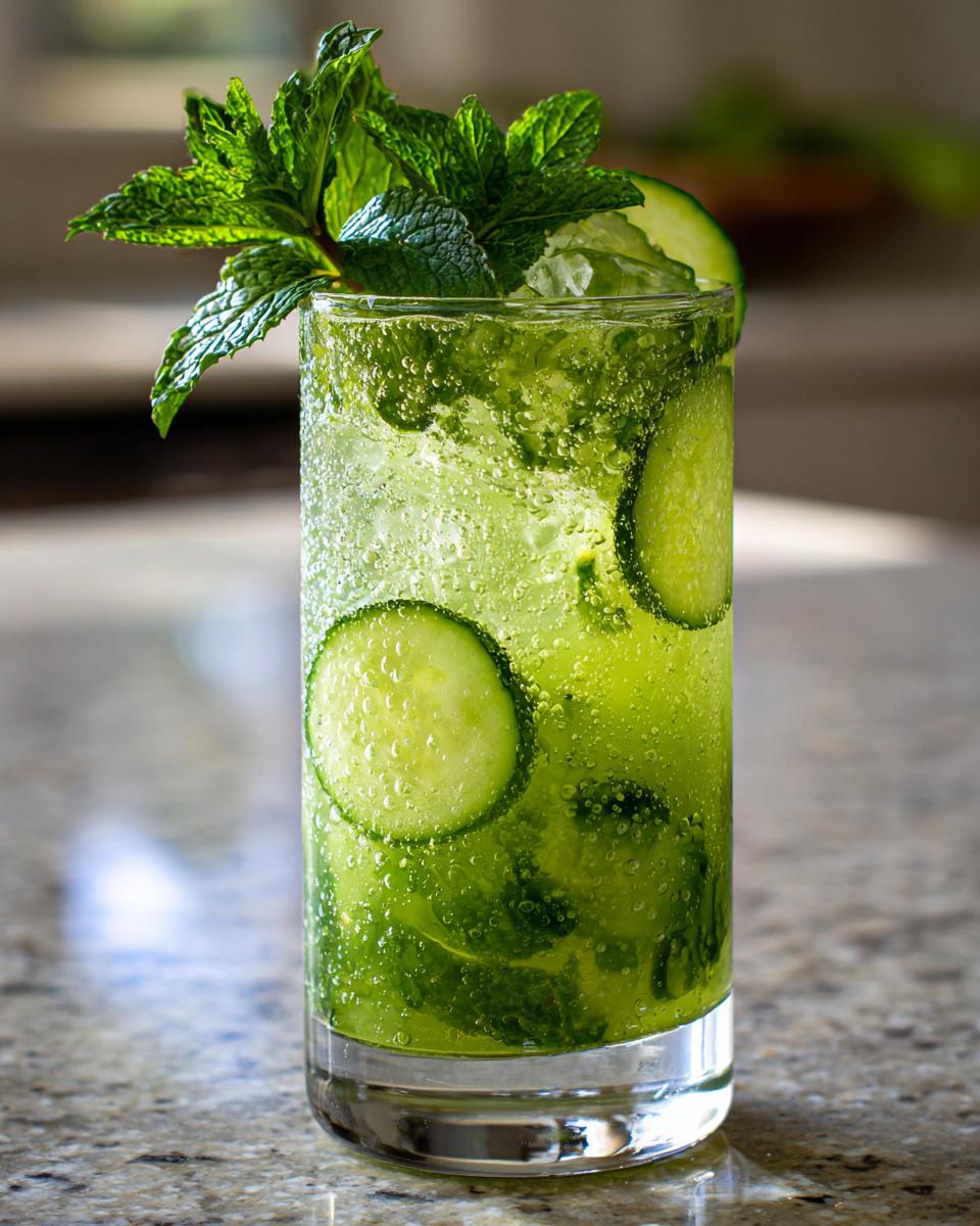 A tall glass of Cucumber Mint Cooler garnished with mint and cucumber slices.