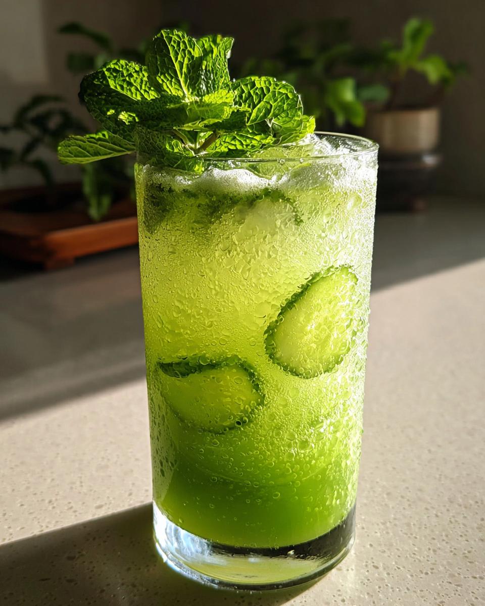 A tall glass of Cucumber Mint Cooler, garnished with mint leaves and cucumber slices.