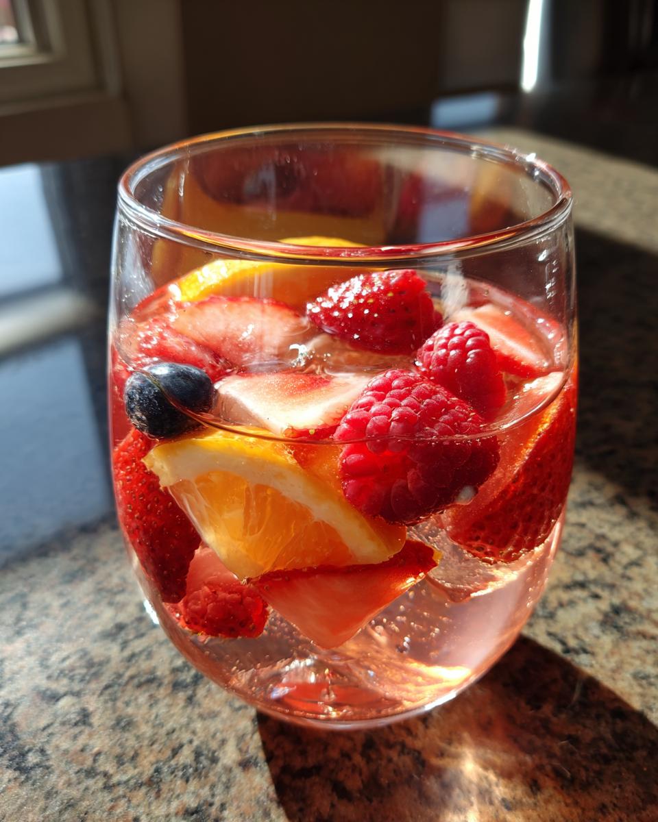 Close-up of a glass of Cupid's Pink Rosé Sangria with fresh berries and orange slices.