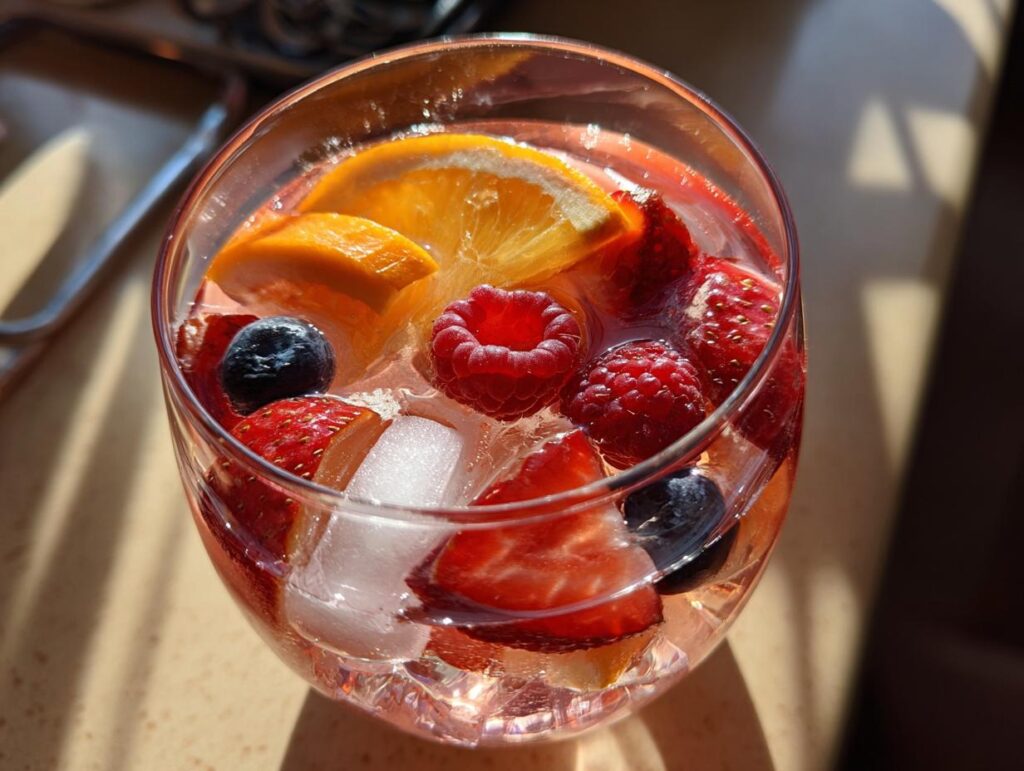 Close-up of Cupid's Pink Rosé Sangria with fresh berries and orange slices.