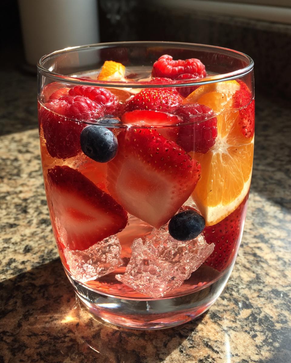 Close-up of a glass of Cupid's Pink Rosé Sangria filled with fresh berries and orange slices.