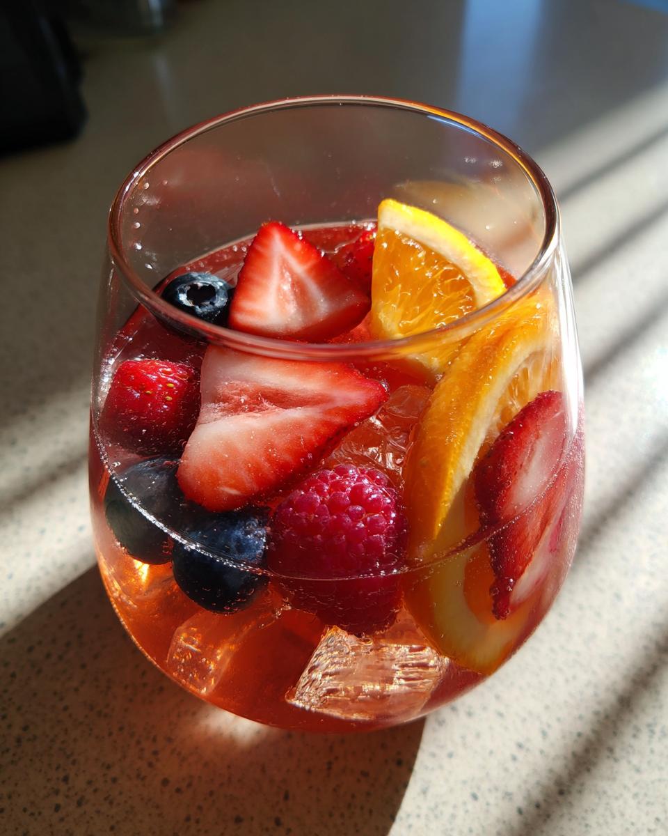Close-up of a glass of Cupid's Pink Rosé Sangria with strawberries, blueberries, raspberries, and orange slices.