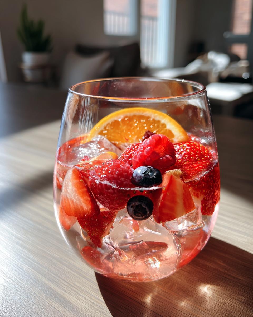A glass of Cupid's Pink Rosé Sangria with fresh berries and orange slices.