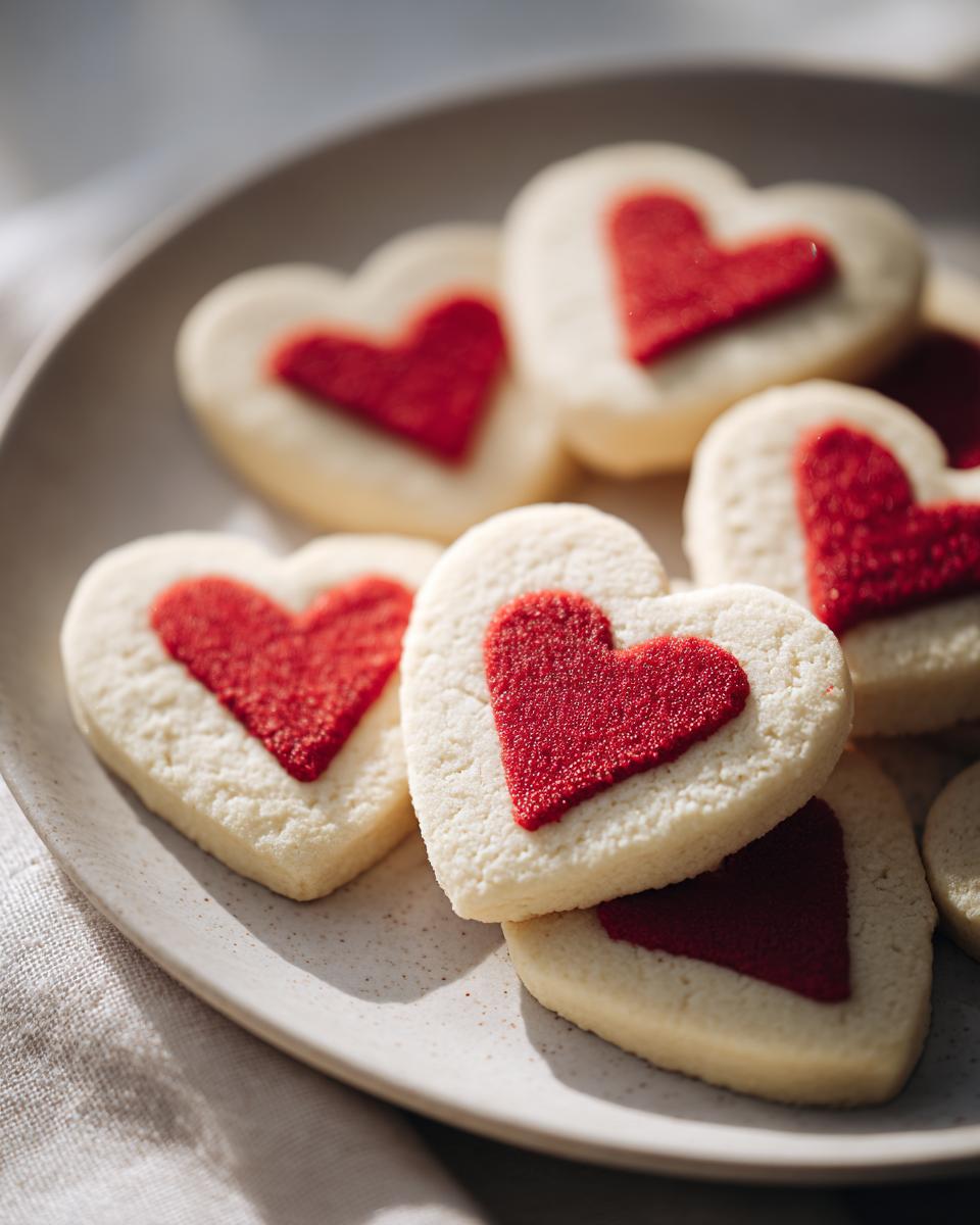 Close-up of heart-shaped Cute Heart Print Cookies on a plate for Valentine's Day.