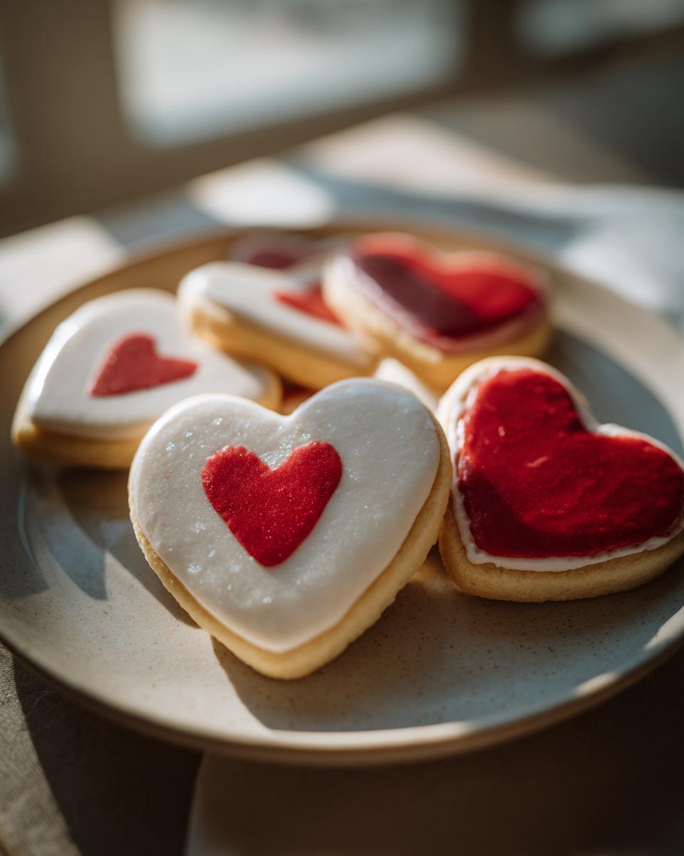 Close-up of a plate with several Cute Heart Print Cookies, perfect for Valentine's Day.