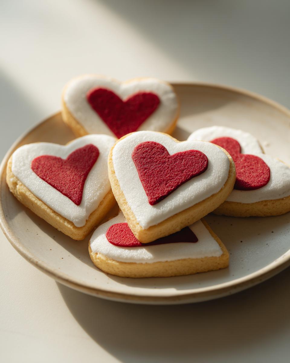 Close-up of heart-shaped cookies with red heart prints. Perfect for Valentine's Day. Featuring the Cute Heart Print Cookies.
