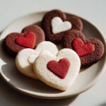 Close-up of heart-shaped cookies with heart prints, perfect for Valentine's Day. Featuring the primary keyword: Cute Heart Print Cookies.