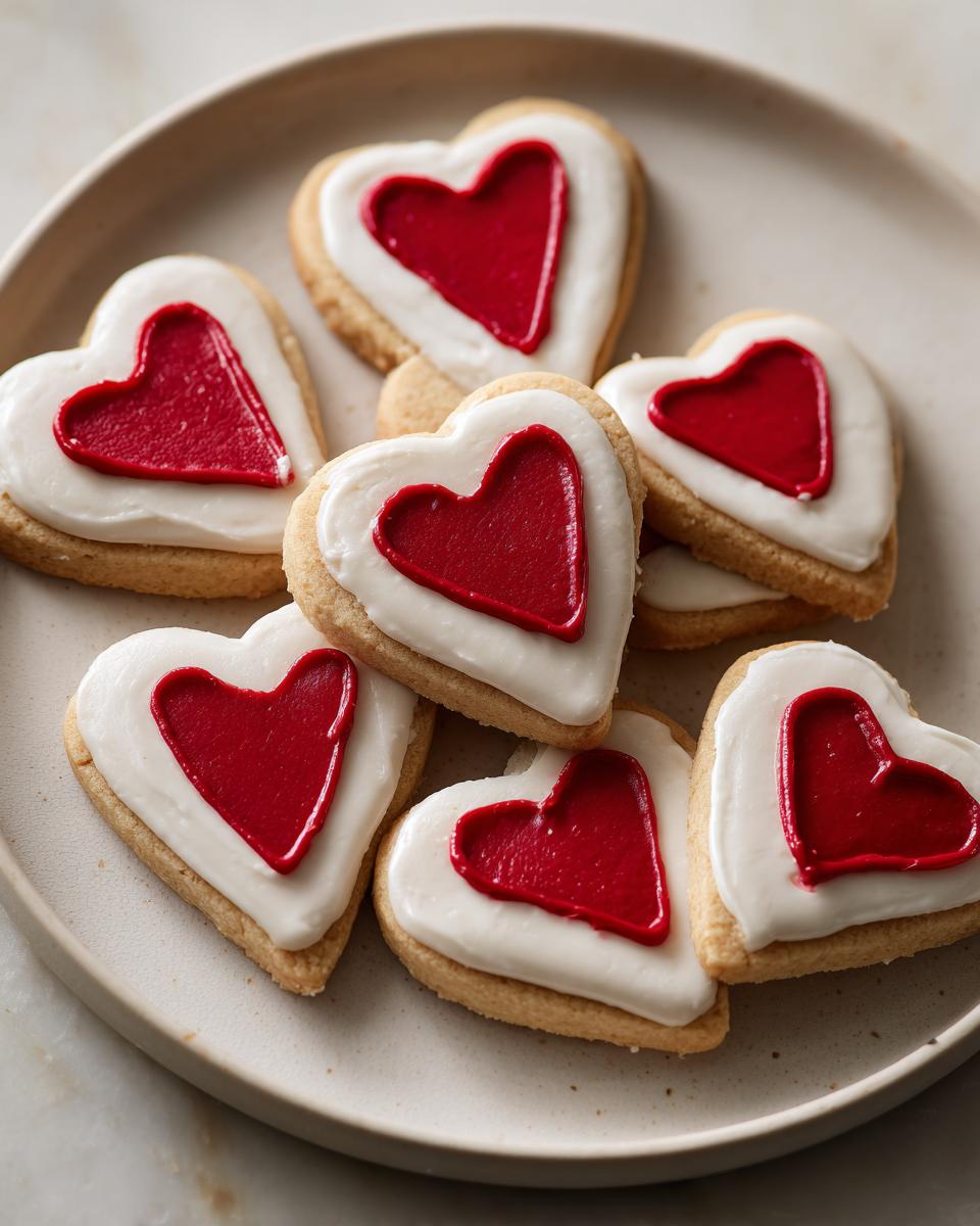 Overhead shot of several Cute Heart Print Cookies on a plate, decorated with red hearts.