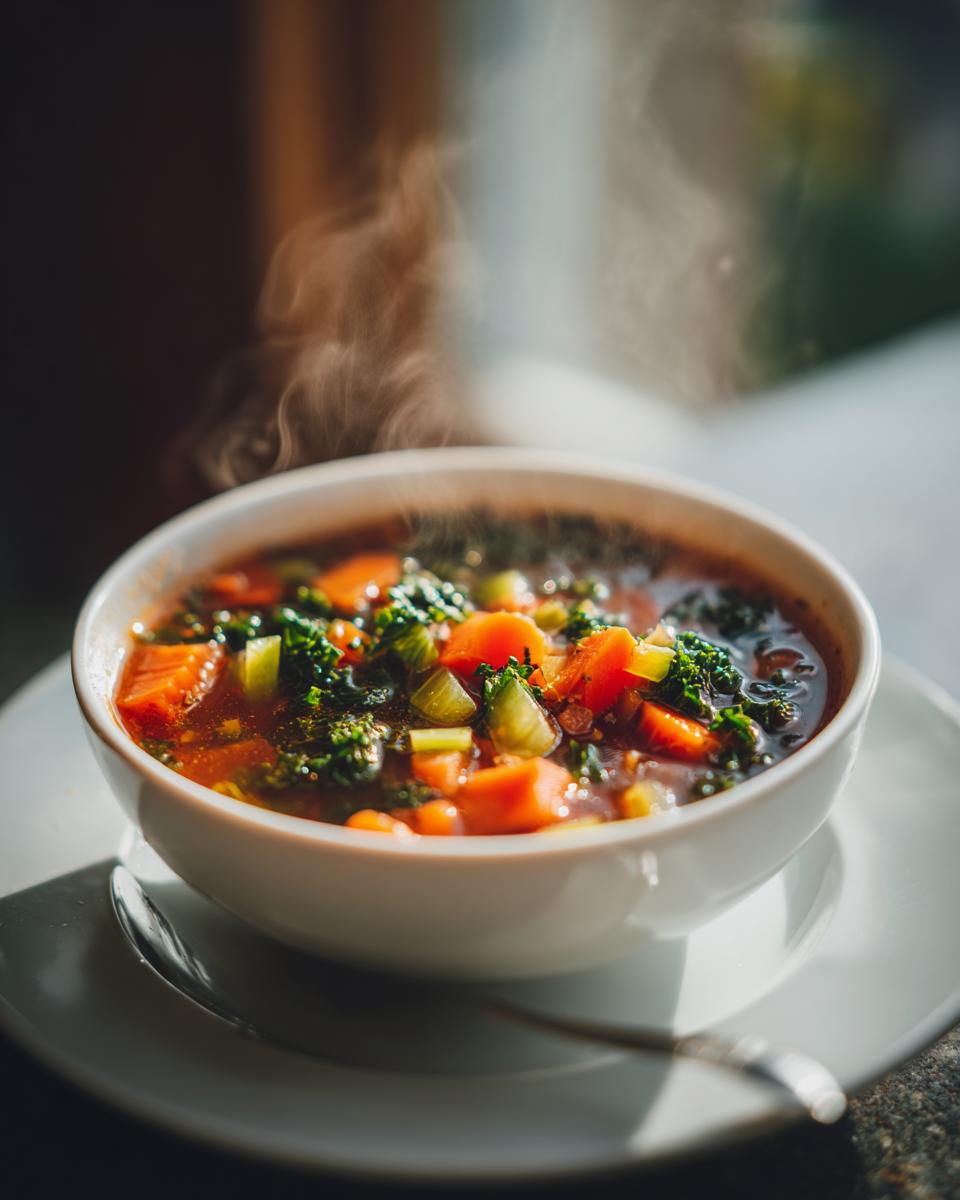 A bowl of steaming Detox Vegetable Broth with carrots, kale, and other vegetables.