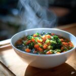 A bowl of steaming Detox Vegetable Broth, featuring carrots, kale, and other vegetables.