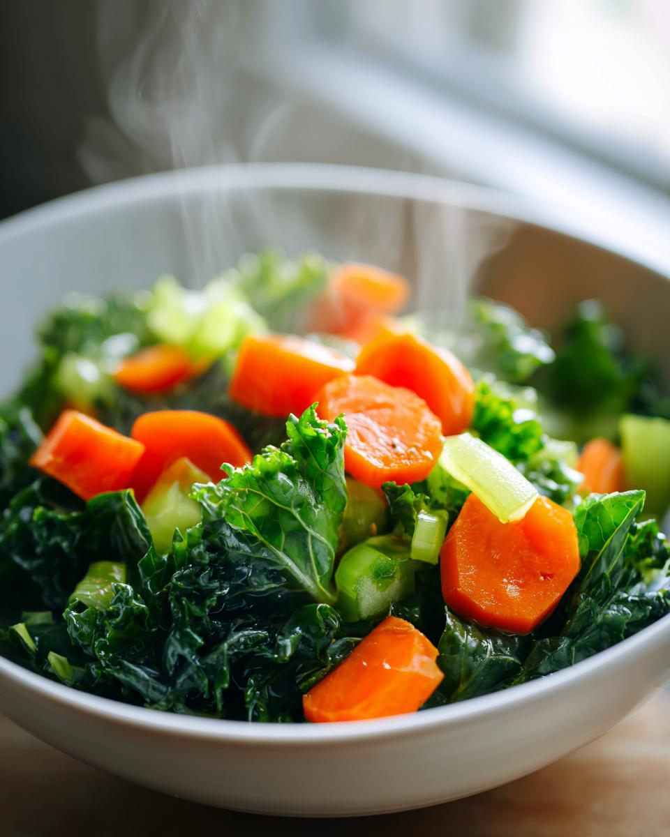 Close-up of a bowl of steaming Detox Vegetable Broth to Boost Immunity, with carrots, kale, and celery.