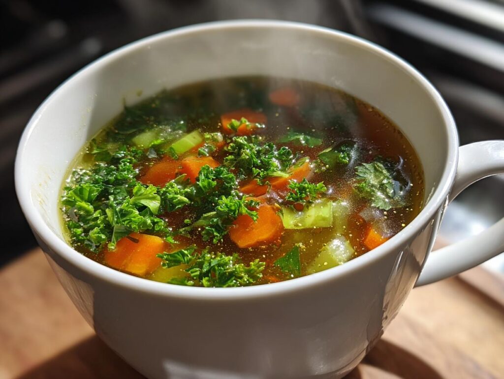 Close-up of a mug filled with Detox Vegetable Broth. Carrots, celery, and herbs are visible.