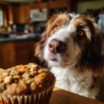A dog looking longingly at a Carrot Cake Pup Muffin on a wooden surface.