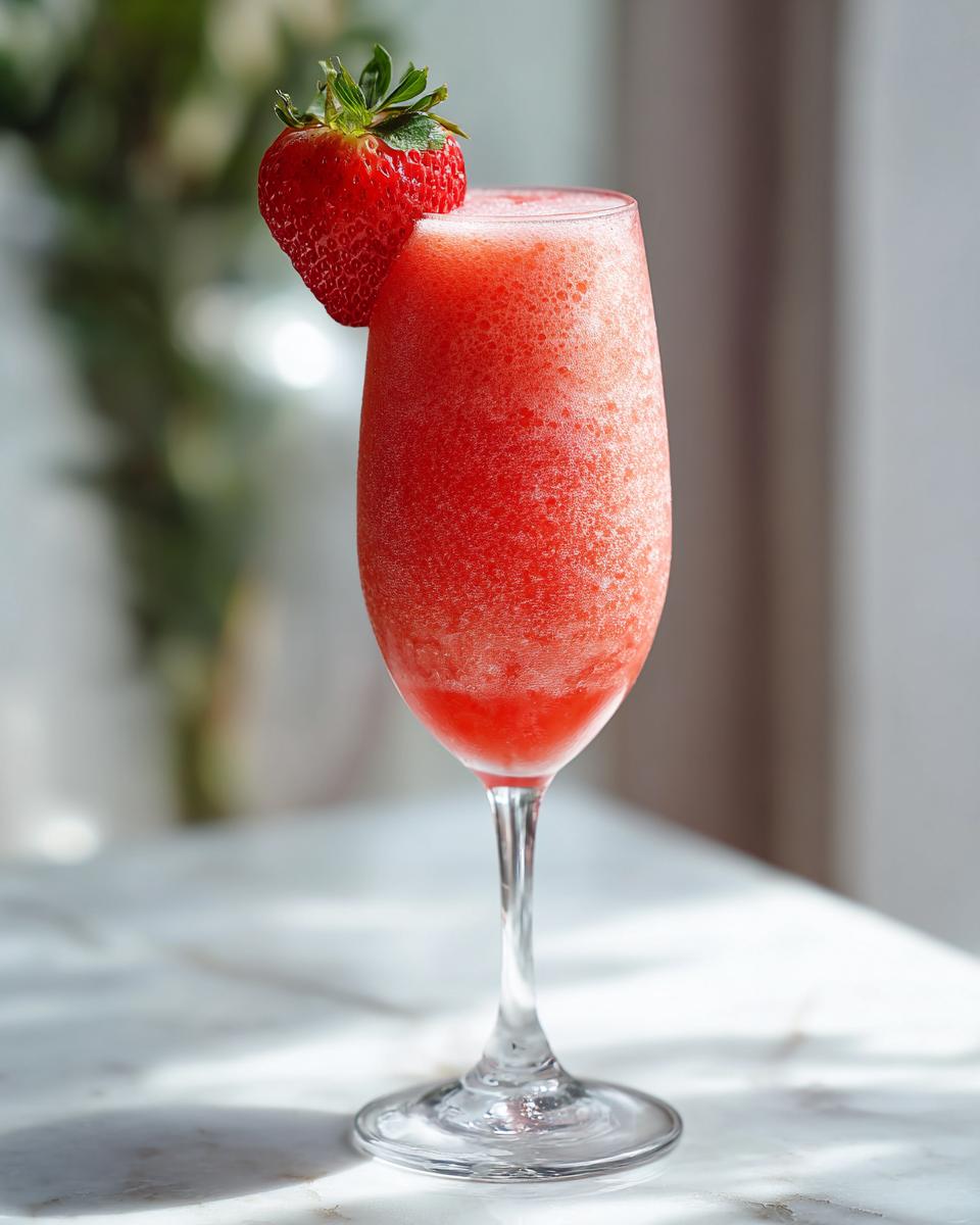 A frosty Easy Strawberry Mimosa in a champagne flute, garnished with a strawberry.