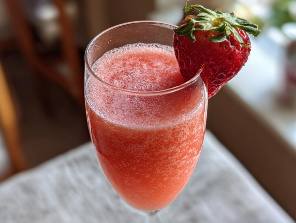A glass of Easy Frosty Strawberry Mimosa garnished with a fresh strawberry.