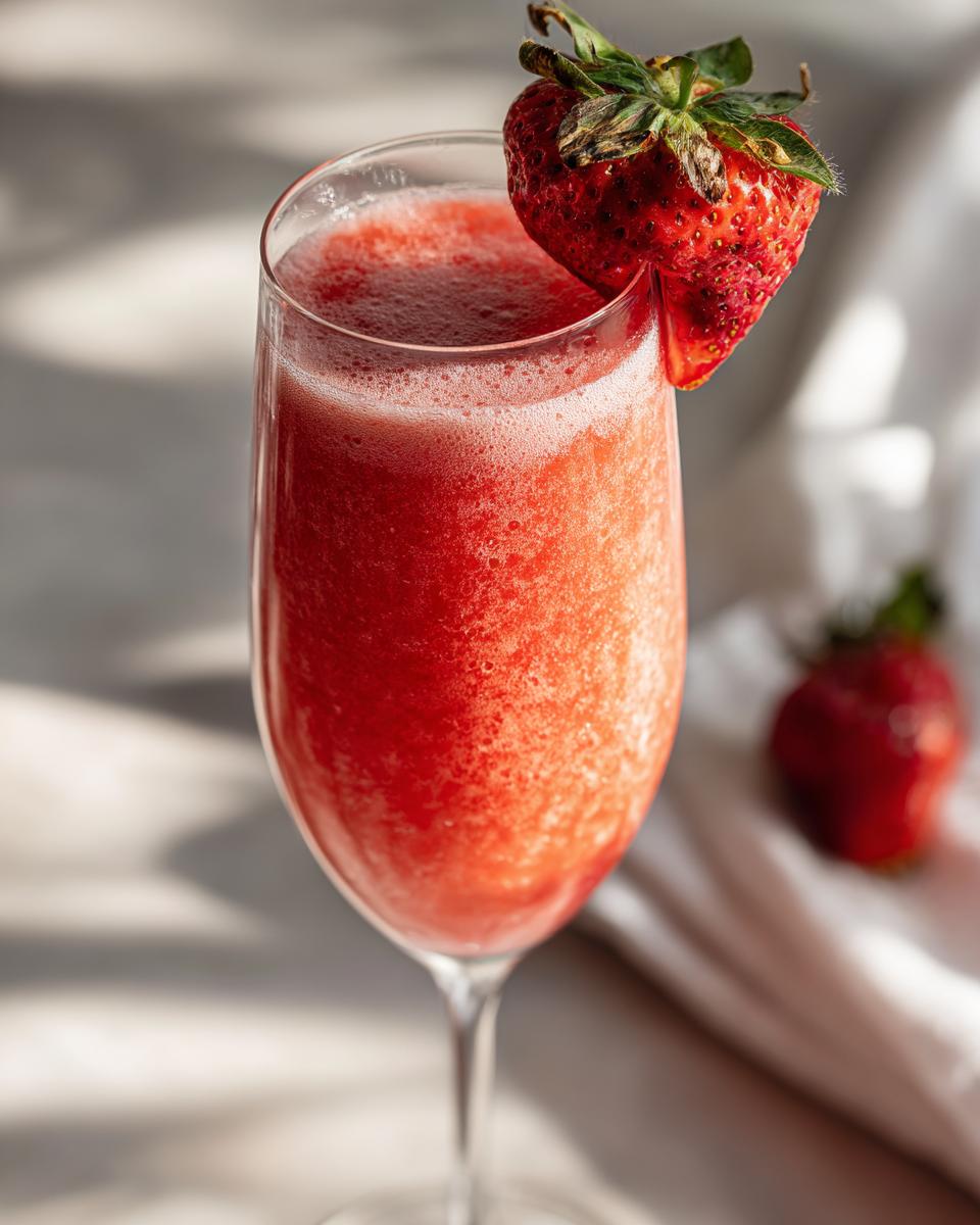 Close-up of a frosty Easy Frosty Strawberry Mimosa garnished with a fresh strawberry.