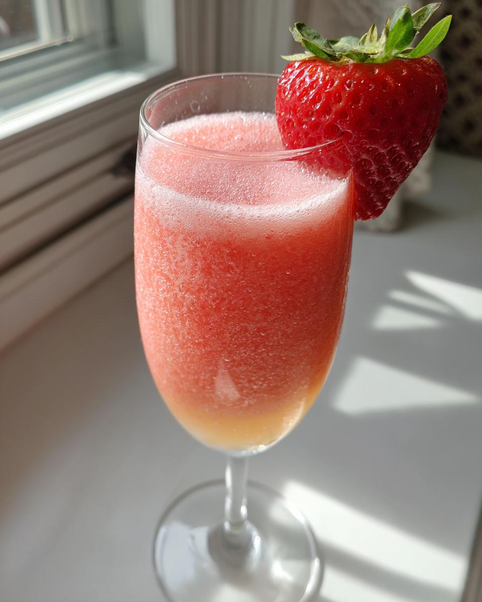 A glass of Easy Frosty Strawberry Mimosas garnished with a fresh strawberry.