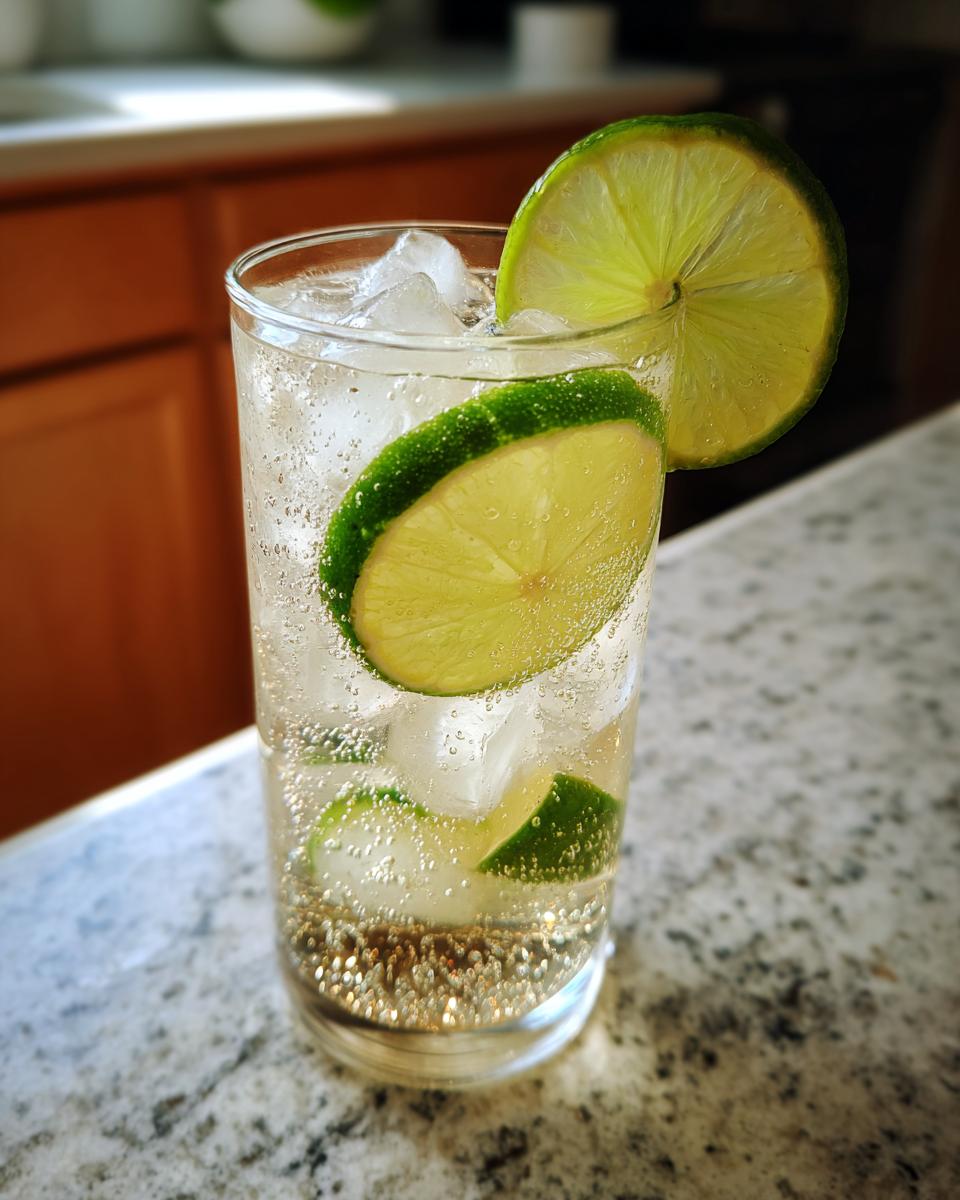 Close-up of a refreshing Elderflower Spritzer with ice and lime slices in a tall glass.