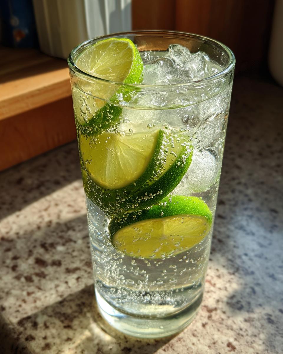 A tall glass of Elderflower Spritzer with lime slices and ice, bubbly and refreshing.