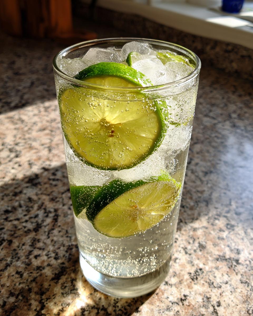 Close-up of an Elderflower Spritzer with lime slices and ice.