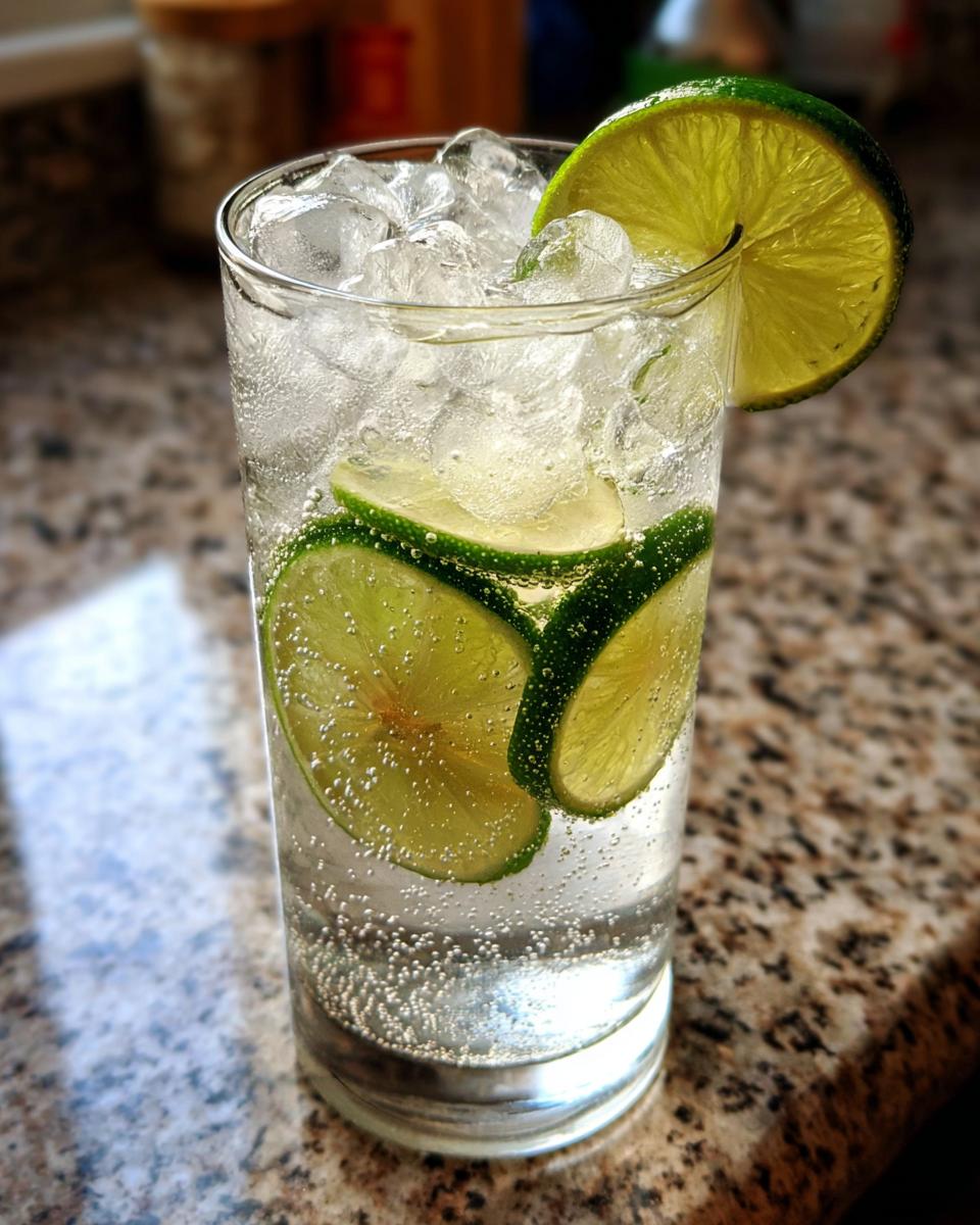Close-up of a refreshing Elderflower Spritzer with ice and lime slices.