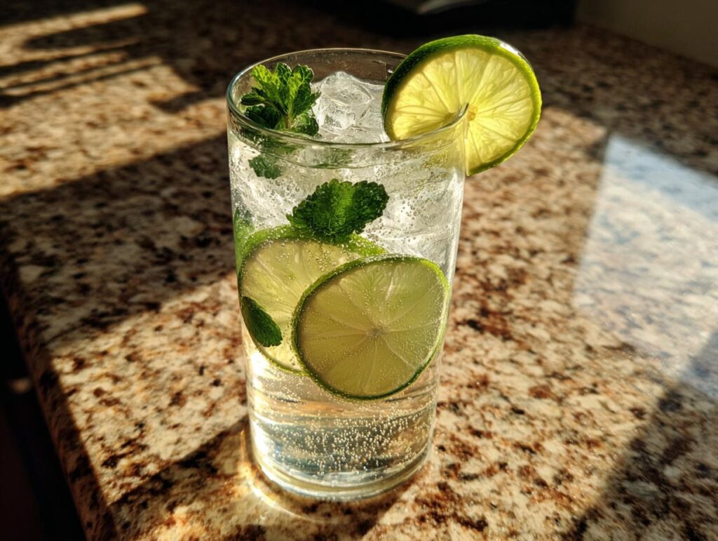 A tall glass of Elderflower Spritzer with ice, lime slices, and mint leaves, refreshing drink.