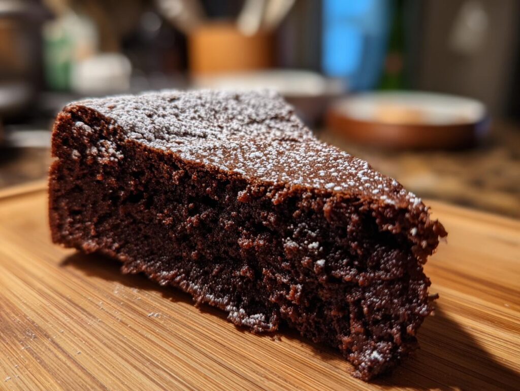 A slice of rich Flourless Chocolate Cake dusted with powdered sugar, on a wooden board.