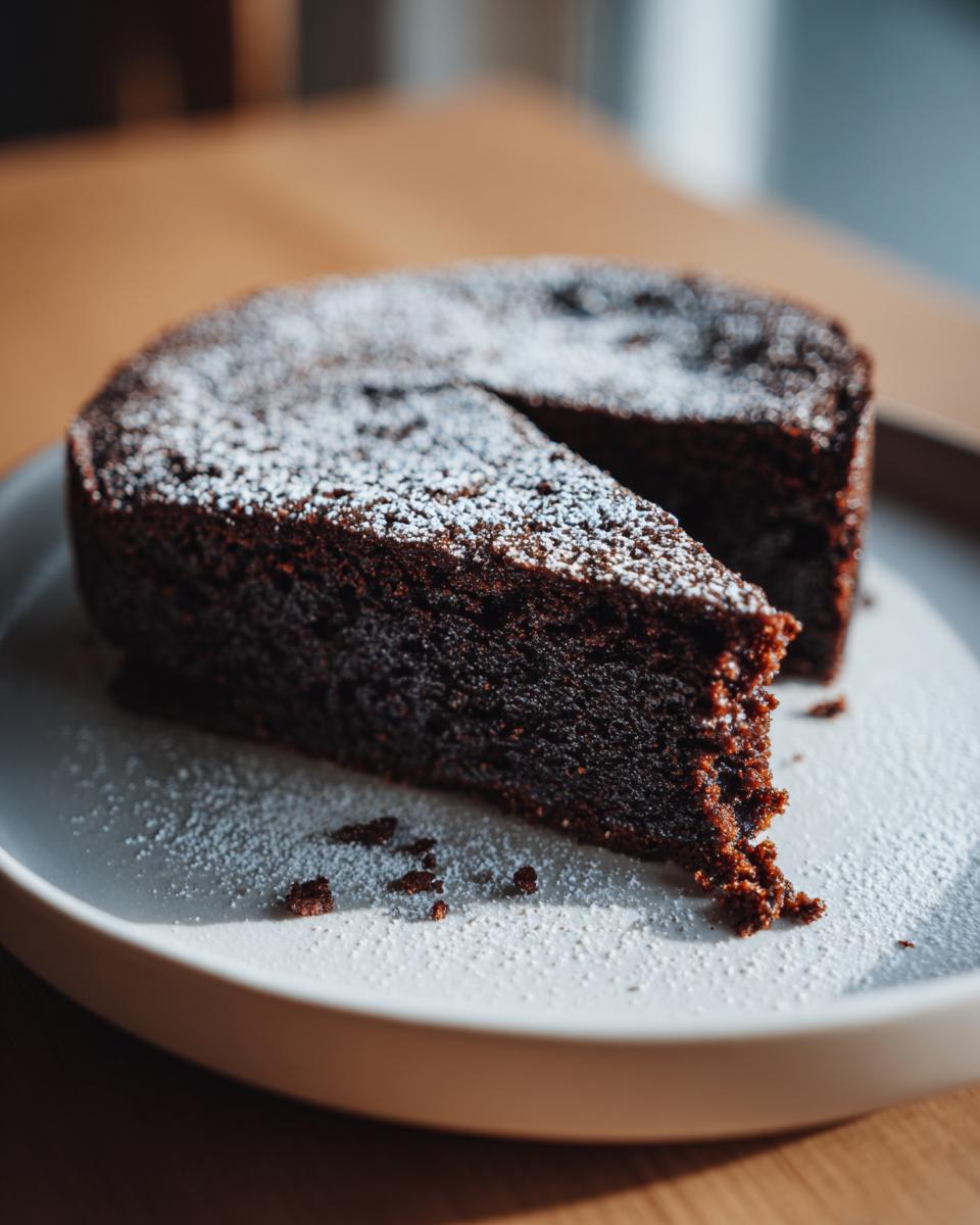 A slice of delicious Flourless Chocolate Cake dusted with powdered sugar, on a white plate.