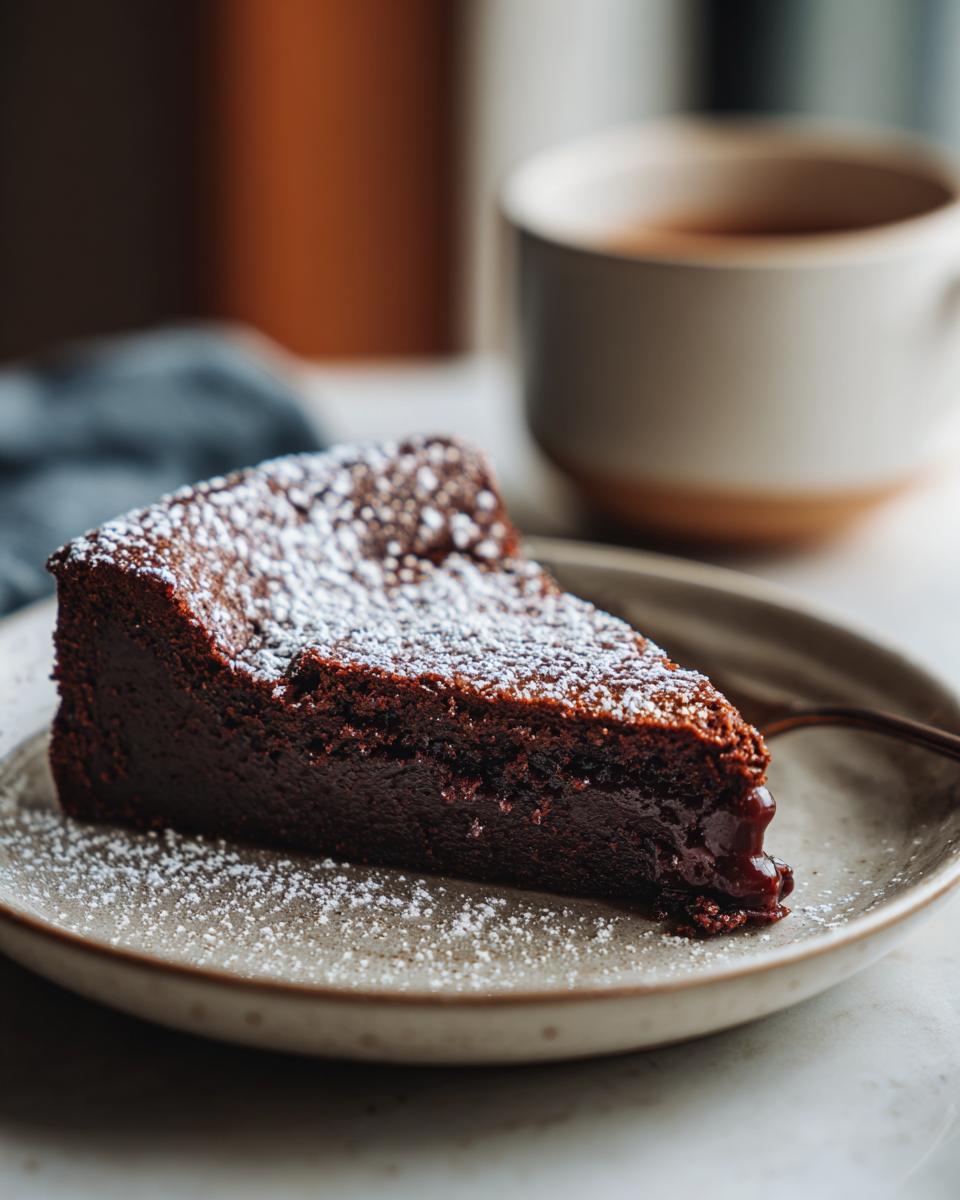 A slice of Flourless Chocolate Cake dusted with powdered sugar, served on a plate.
