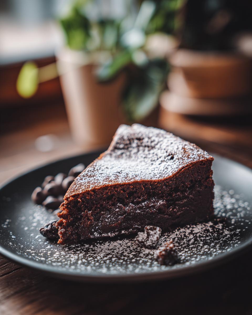 A slice of delicious flourless chocolate cake dusted with powdered sugar, served on a black plate.