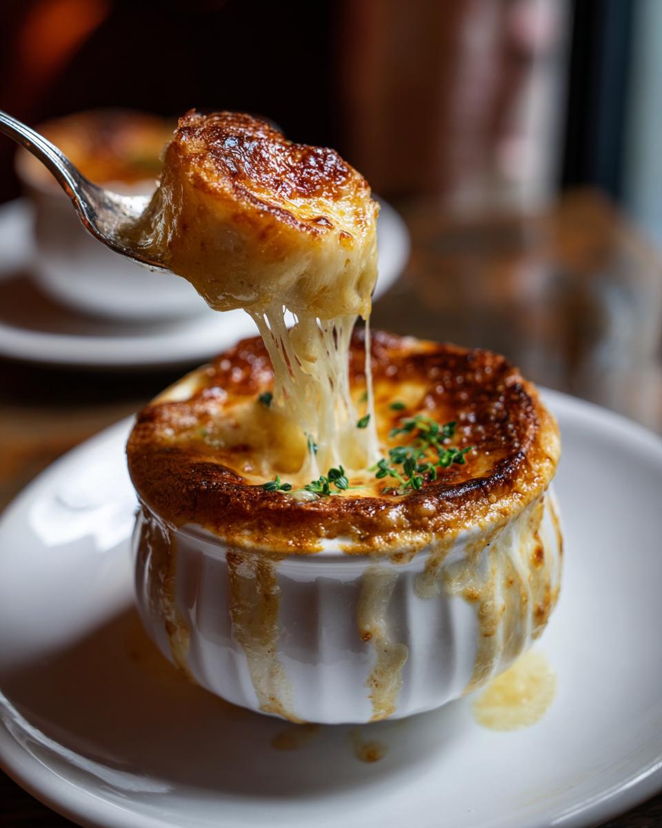 Close-up of French Onion Soup with melted cheese, a spoonful being lifted from the bowl. This French Onion Soup tastes like a restaurant.