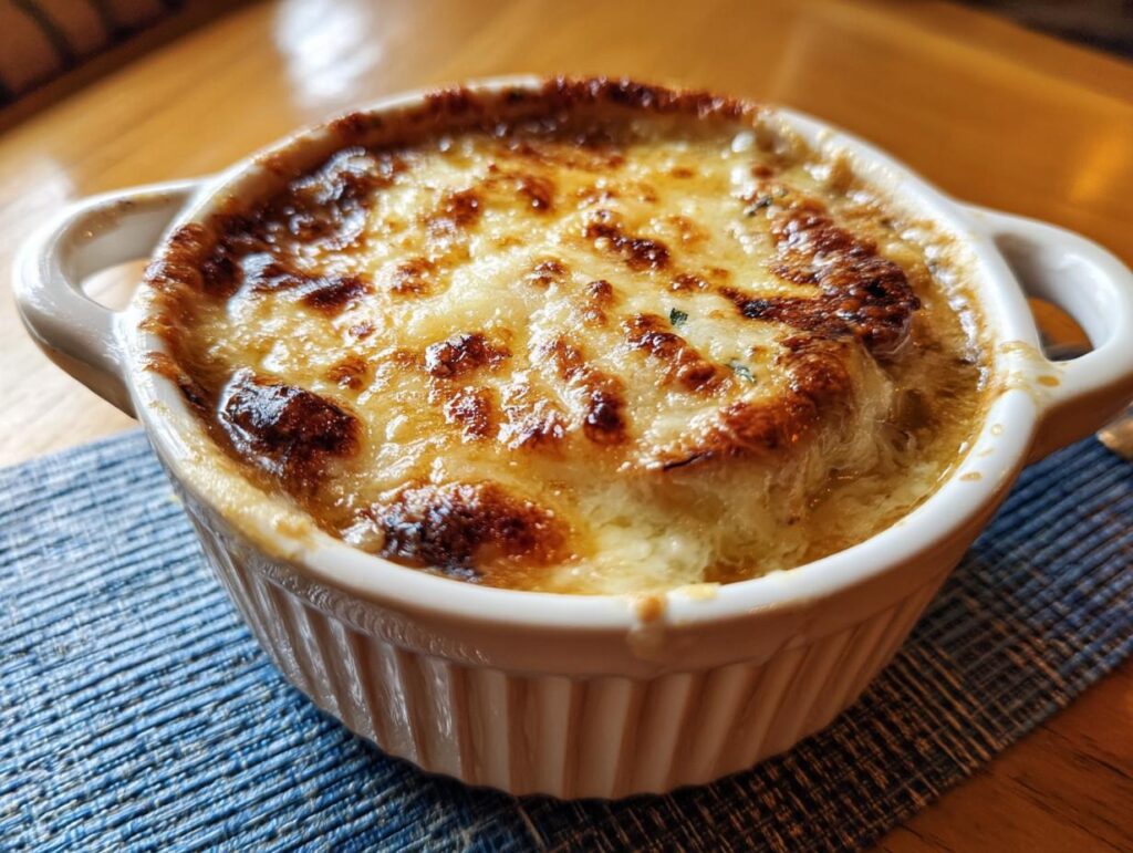 Close-up of a bowl of French Onion Soup that Tastes Like a Restaurant, with melted cheese.