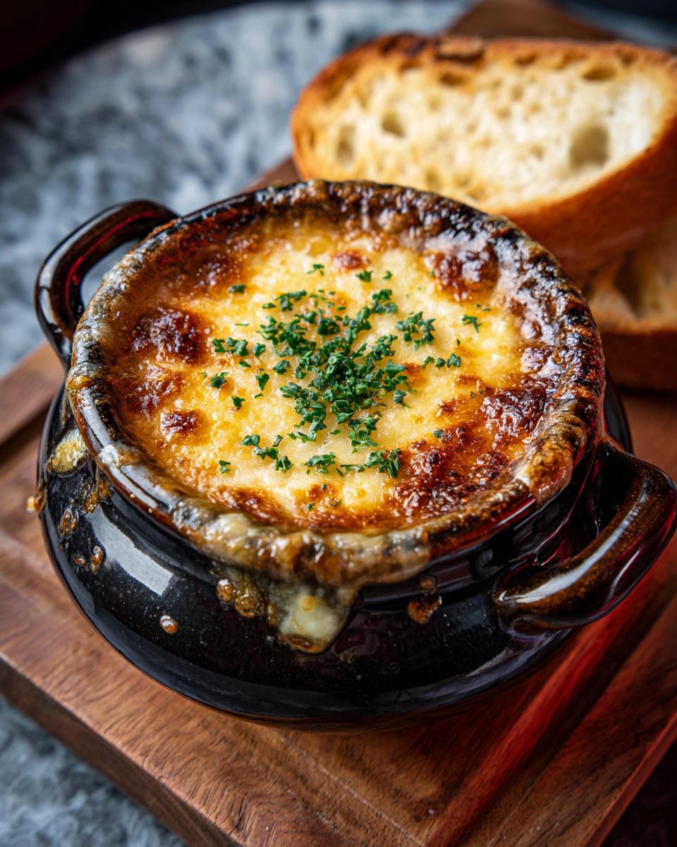 Close-up of French onion soup in a black bowl with melted cheese and toasted bread.