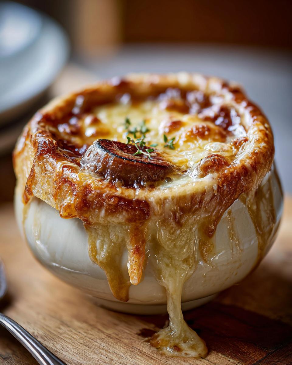 Close-up of a bowl of French Onion Soup, with melted cheese and a crispy bread crust.