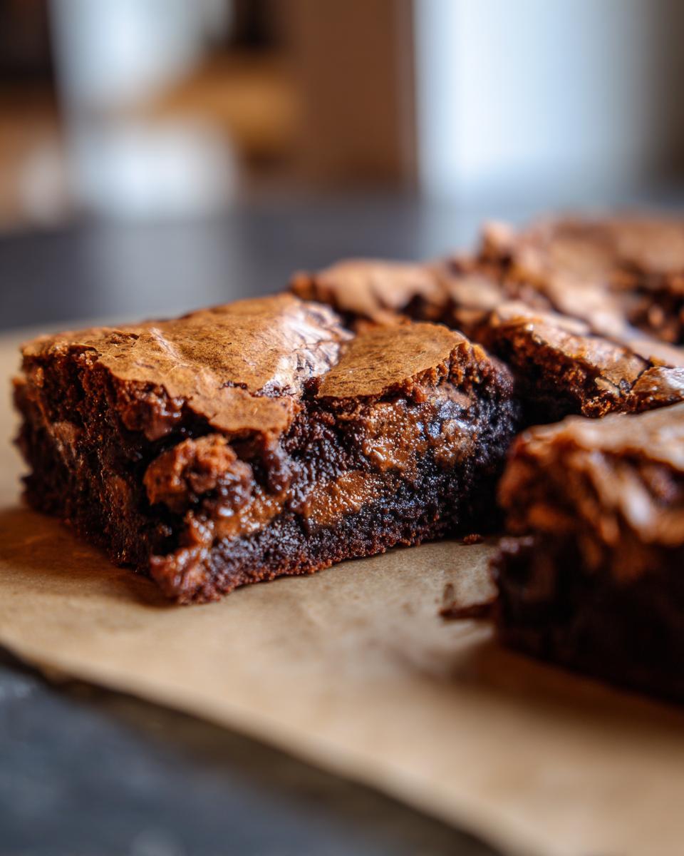 Close-up of a fudgy brookie slice, a brownie cookie combo, on parchment paper. The Best Fudgy Chewy Brookies!