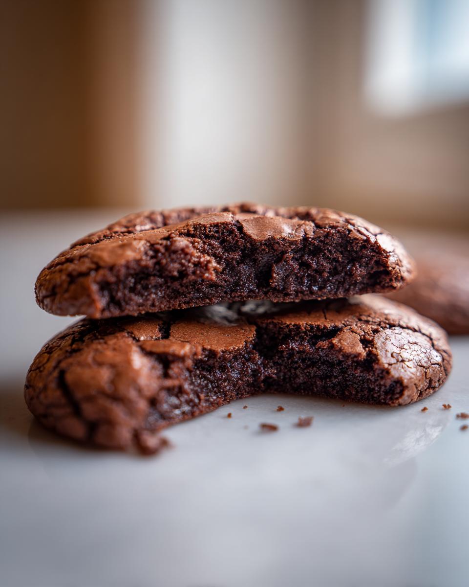 Close-up of a cut-open Fudgy Chewy Brookie, showing the fudgy and chewy texture.