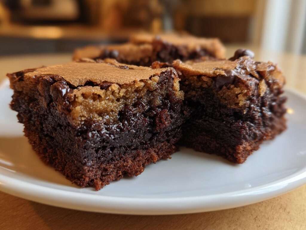 Close-up of a fudgy chewy Brookie, a brownie cookie combo, on a white plate. The Best Fudgy Chewy Brookies.