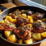 Close-up of one-pan Garlic Butter Chicken & Potatoes with golden chicken and potatoes.
