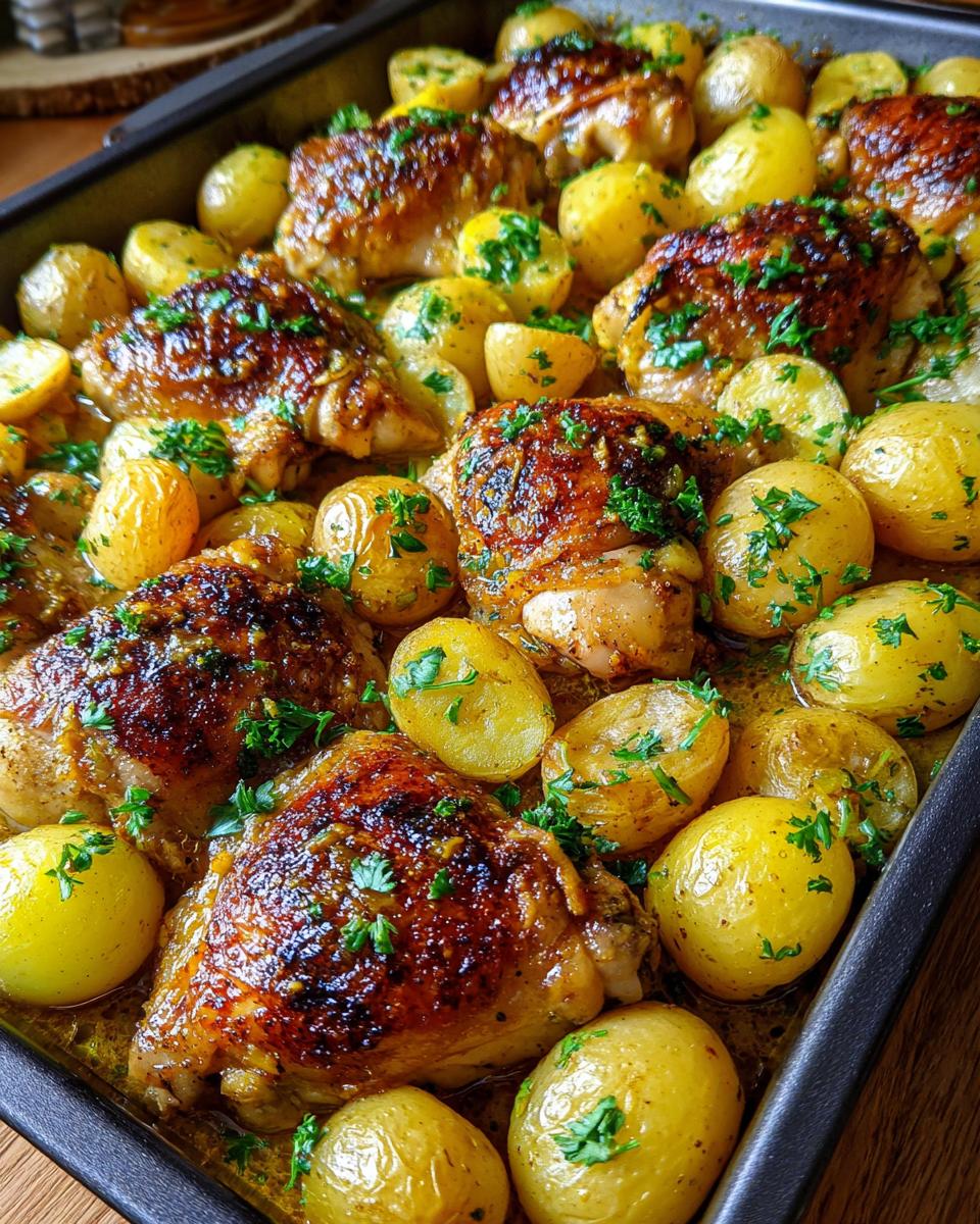 Overhead shot of a pan of Garlic Butter Chicken & Potatoes, cooked to golden perfection.