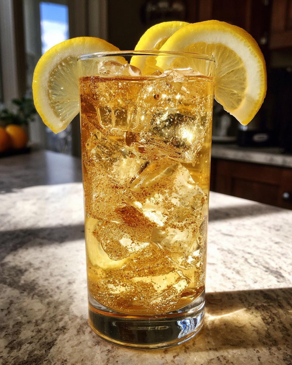 A tall glass of Ginger Lemon Sparkle cocktail with ice and lemon slices.