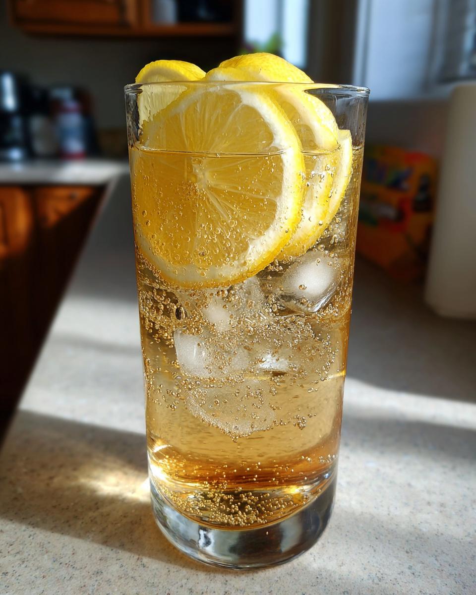 A tall glass of Ginger Lemon Sparkle cocktail with lemon slices and ice, bubbly and refreshing.