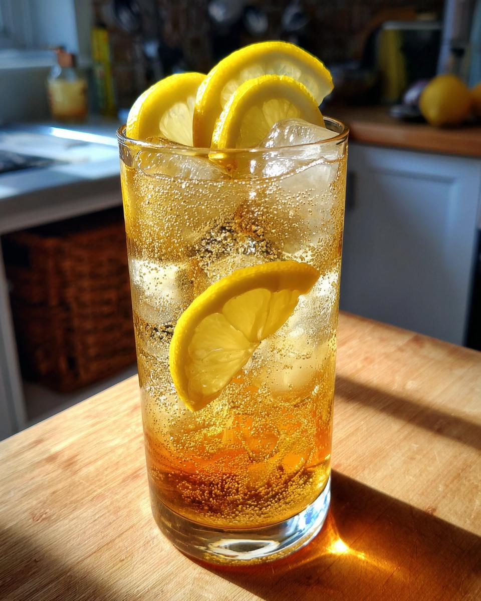 A tall glass of Ginger Lemon Sparkle cocktail with ice and lemon slices, bubbly and refreshing.