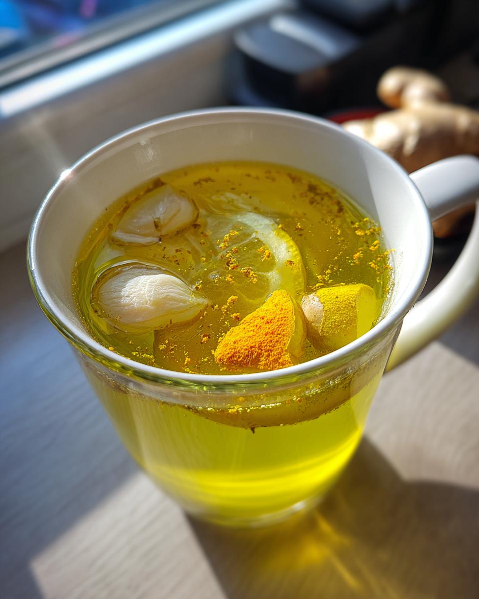 A cup of Ginger Turmeric Tea for Immunity with lemon slices, garlic cloves, and turmeric powder.
