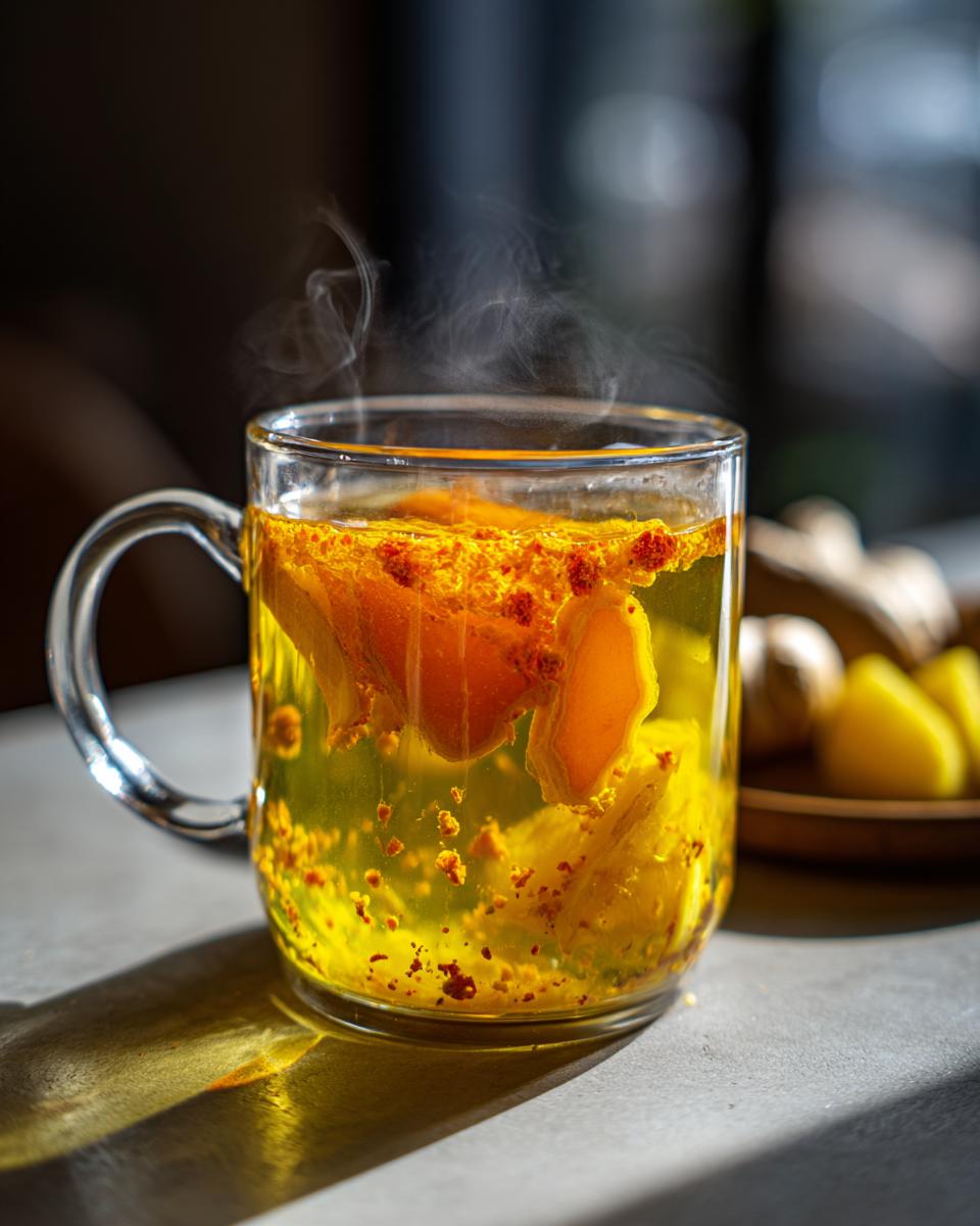 Close-up of a steaming mug of Ginger Turmeric Tea for Immunity, with visible ginger and turmeric.