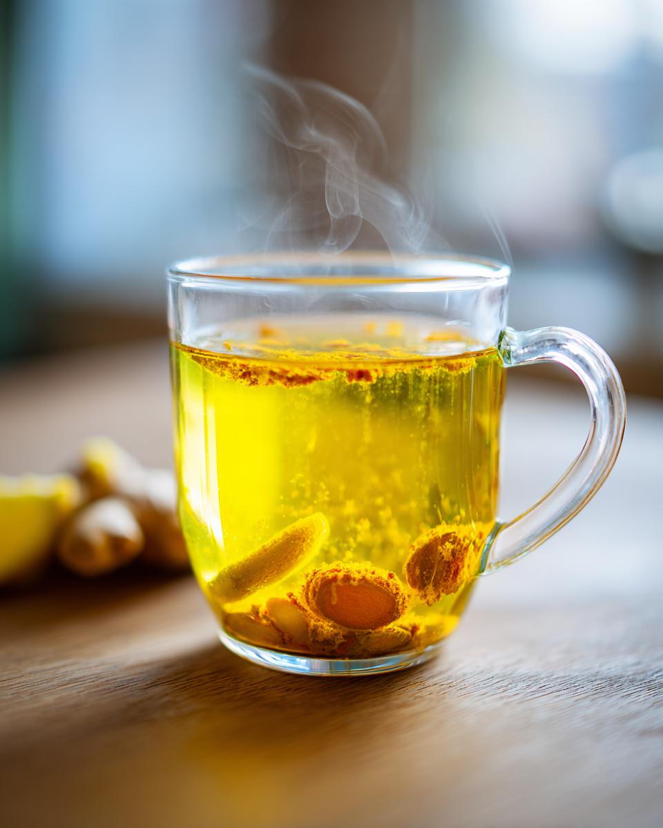 A steaming mug of Ginger Turmeric Tea for Immunity with visible ginger and turmeric pieces.